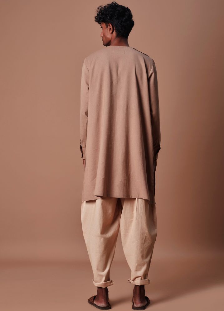A Model Wearing  Brown Pure Cotton Men's Brown Side Buttoned Kurta, curated by Only Ethikal