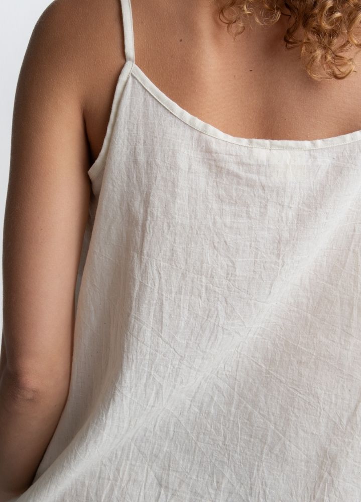 A Model Wearing White Handwoven Cotton Off white cami top, curated by Only Ethikal