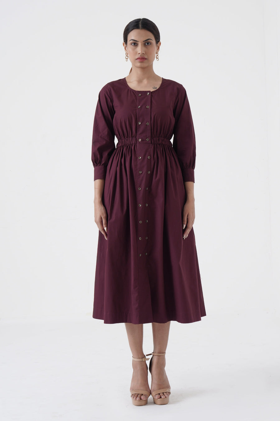 A Model Wearing Brown Pure Cotton Euphoric - Double button placket dress - Wine, curated by Only Ethikal