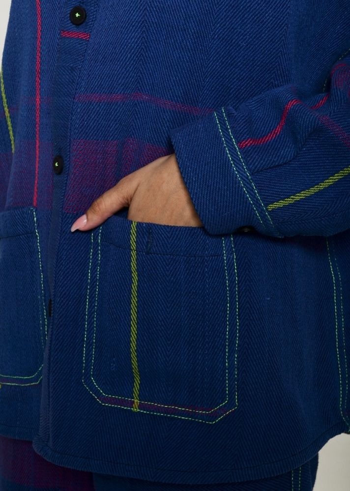 A Model Wearing Blue Handwoven Cotton Recycle Asa Shacket, curated by Only Ethikal