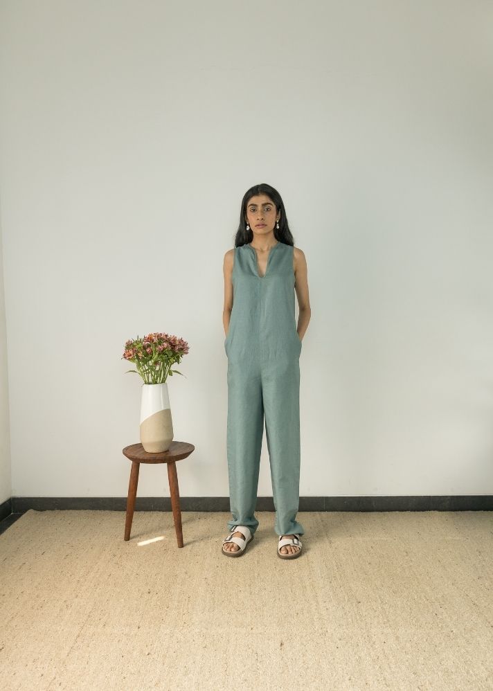 A Model Wearing Blue Hemp Relaxed-Fit Jumpsuit, curated by Only Ethikal