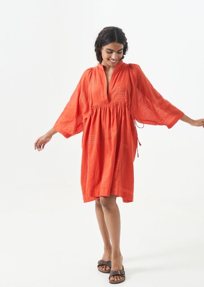 A Model Wearing Orange Handwoven Cotton Vibrant Orange relaxed fit dress, curated by Only Ethikal