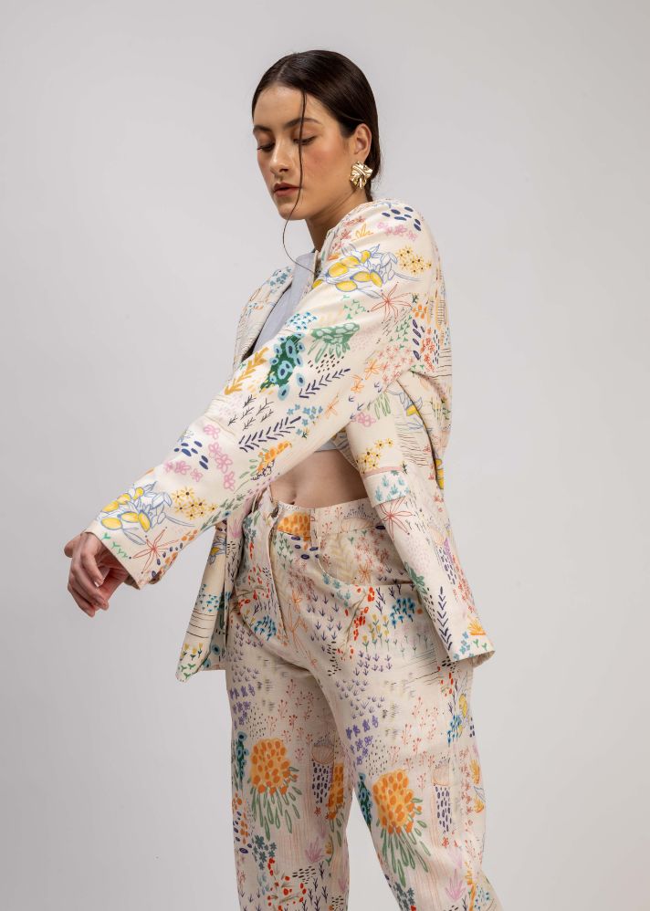 A Model Wearing Multicolor Linen Liza Printed Blazer, curated by Only Ethikal