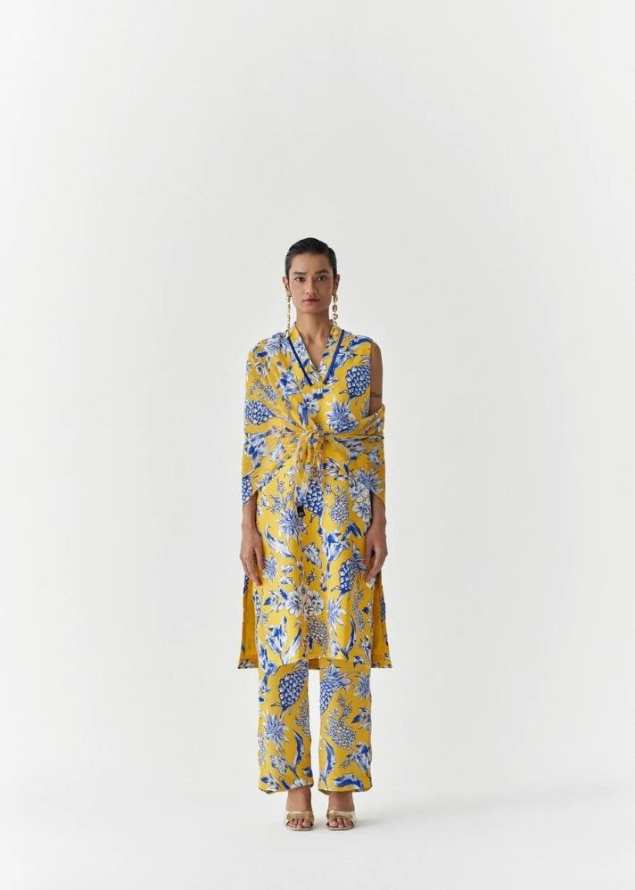 A Model Wearing Multicolor Organic Cupro Yellow Pineapple Kurta And Pants Co-Ord, curated by Only Ethikal