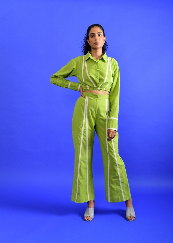 A Model Wearing Green Handwoven Cotton Scream Green Cord Set, curated by Only Ethikal