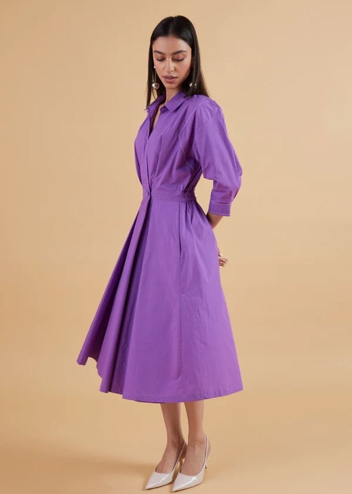 A Model Wearing Purple Pure Cotton Eleanor Berry Solid Dress, curated by Only Ethikal