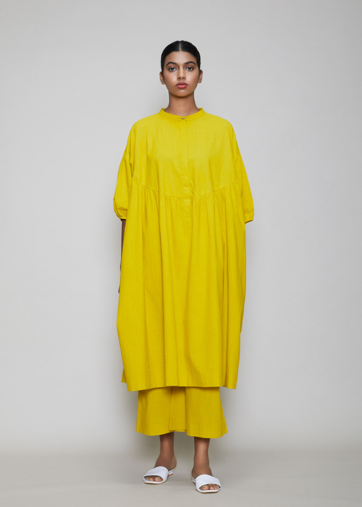 Women wearing Handwoven Cotton yellow Acra Tunic Set by Mati curated by Only ethikal