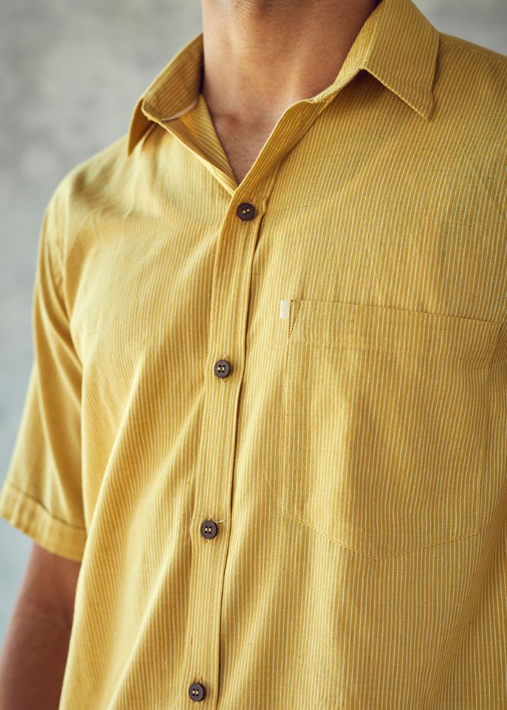 A Model Wearing Yellow Pure Cotton Butter Milk Shirt, curated by Only Ethikal