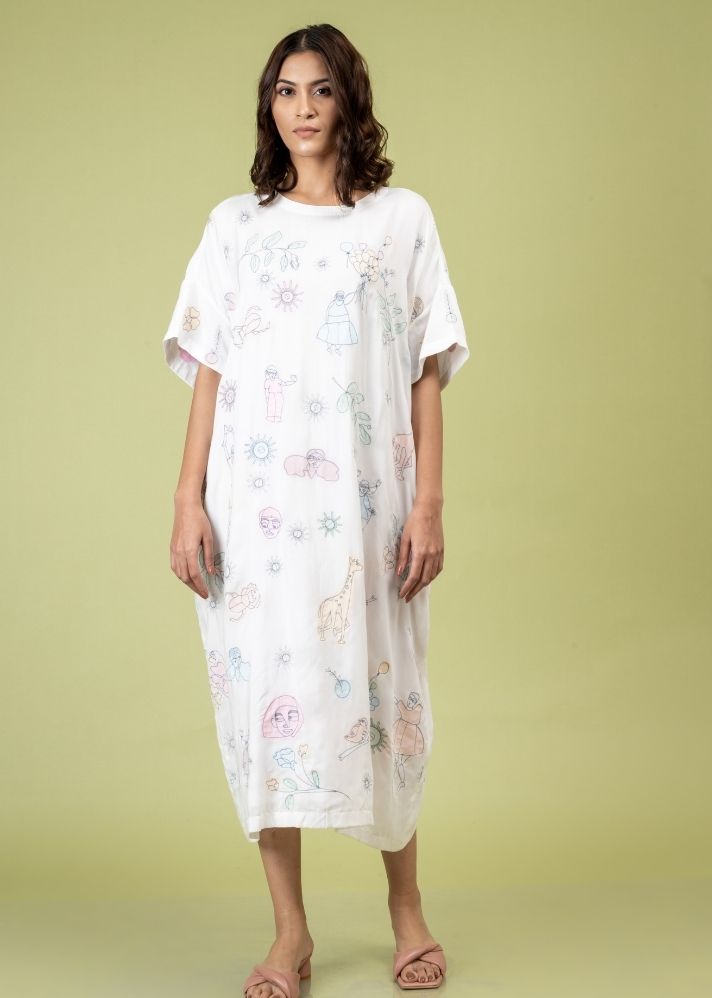 A Model Wearing White Upcycled Cotton Cloudwalker Kaftan , curated by Only Ethikal
