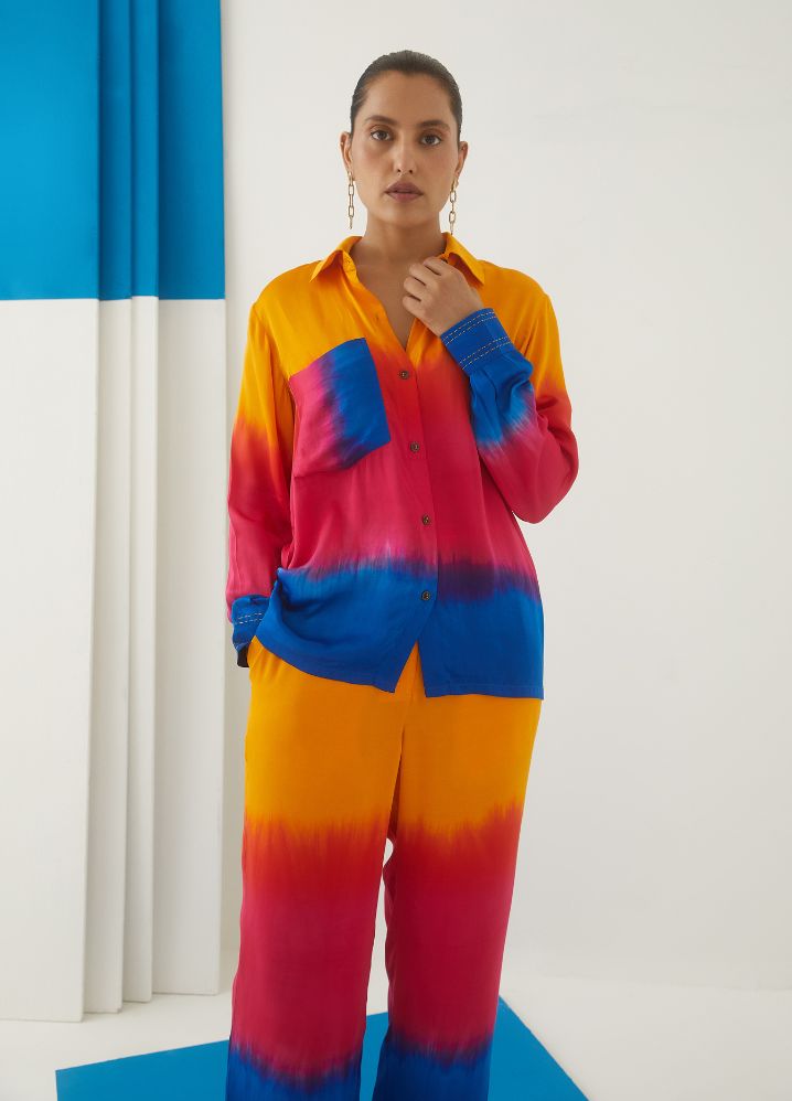 A Model Wearing  Tie And Dye Multicolor Bemberg Sunset Tie Dye Shirt And Trousers, curated by Only Ethikal