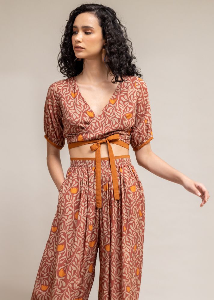 A Model Wearing Brown Upcycled Cotton  Ana Printed Set, curated by Only Ethikal