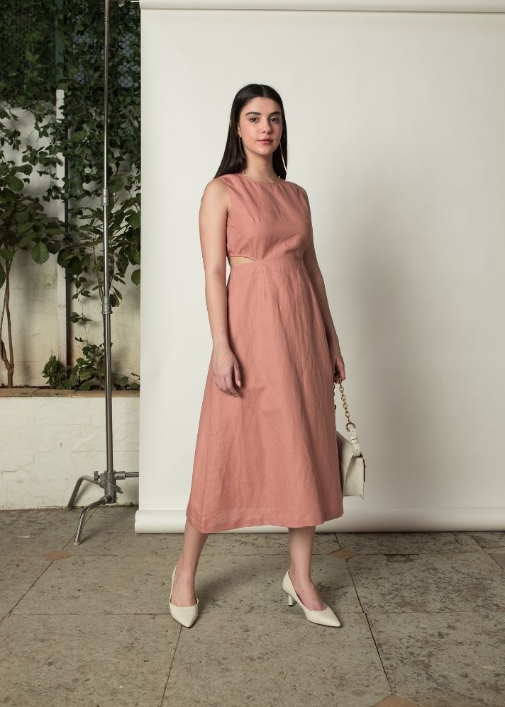A Model Wearing Peach Hemp Sleeveless Cut-Out Dress, curated by Only Ethikal