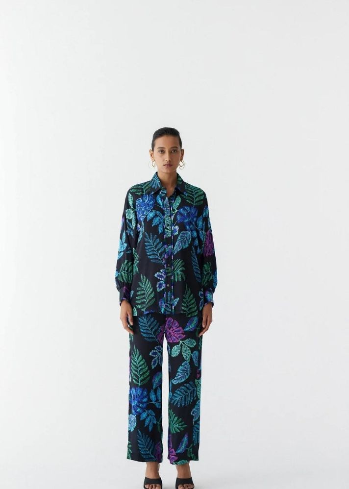 A Model Wearing Multicolor Organic Cupro Black Jungle Shirt And Pants Co-Ord , curated by Only Ethikal