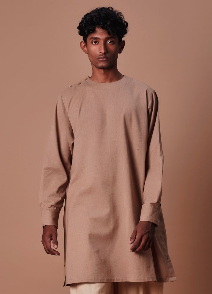 A Model Wearing  Brown Pure Cotton Men's Brown Side Buttoned Kurta, curated by Only Ethikal