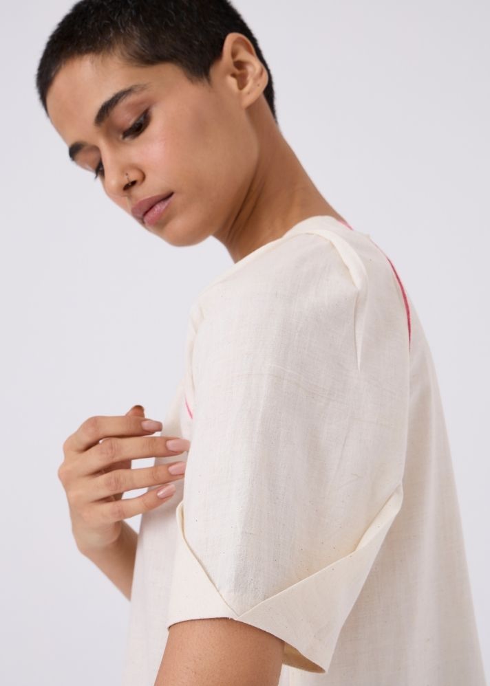 A Model Wearing Beige Handwoven Cotton Loto Ivory Khadi Top With Statement Sleeve L, curated by Only Ethikal