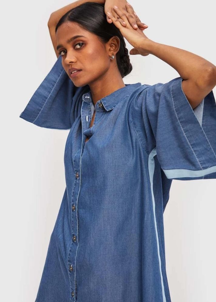 A Model Wearing Blue Lyocell Letting Loose Shirt Blue, curated by Only Ethikal