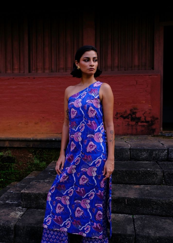 A Model Wearing Multicolor Silk Banu Kurta Set, curated by Only Ethikal