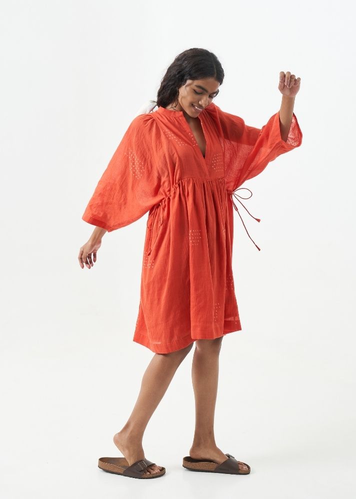 A Model Wearing Orange Handwoven Cotton Vibrant Orange relaxed fit dress, curated by Only Ethikal
