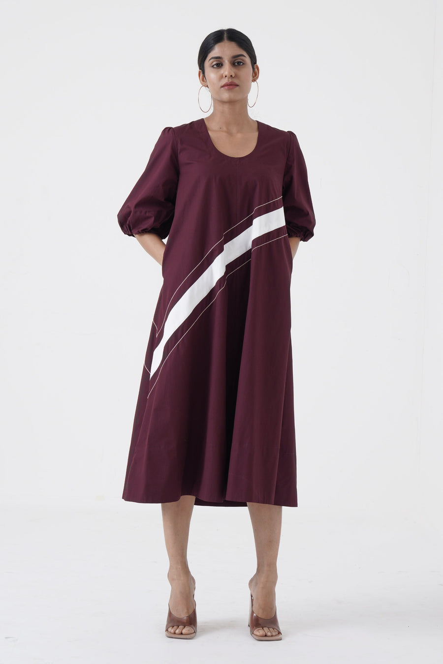 A Model Wearing Brown Pure Cotton Concord - U-neck wave stitch long dress - Wine, curated by Only Ethikal