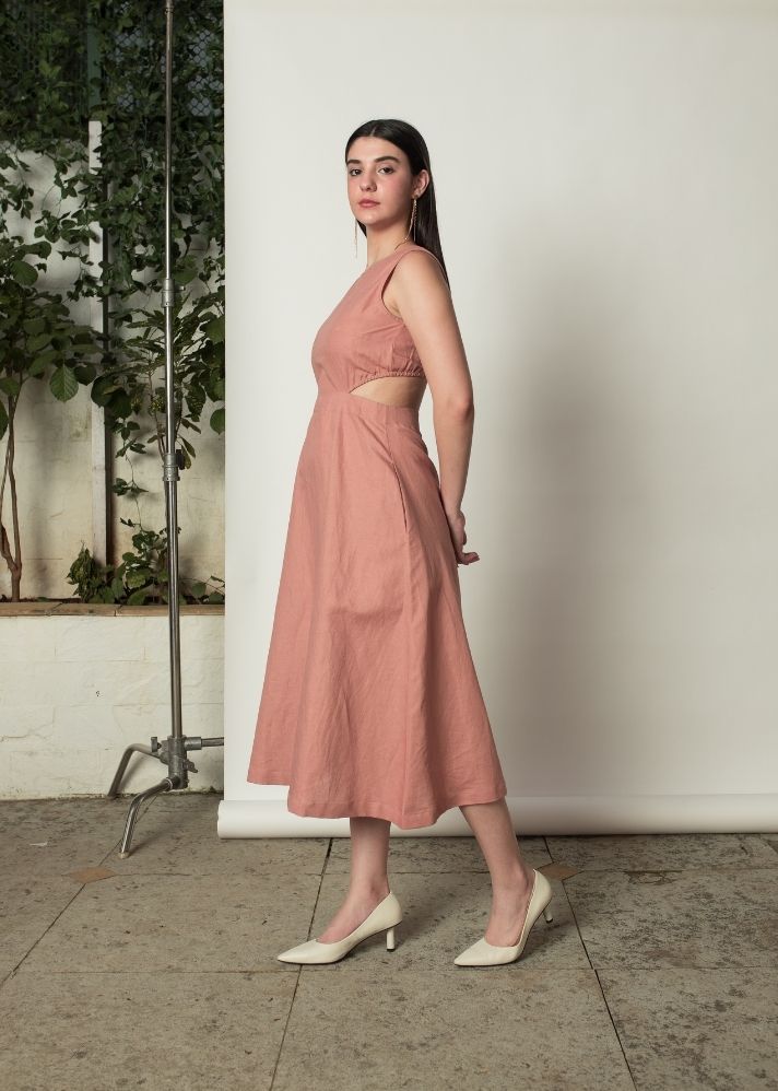 A Model Wearing Peach Hemp Sleeveless Cut-Out Dress, curated by Only Ethikal