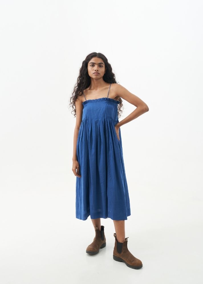 A Model Wearing Blue Handwoven Cotton Midnight Blue Spaghetti midi Dress, curated by Only Ethikal