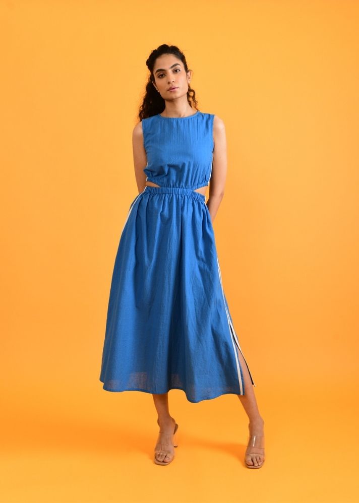 A Model Wearing Blue Handwoven Cotton Egyptian Blue Cut Dress , curated by Only Ethikal