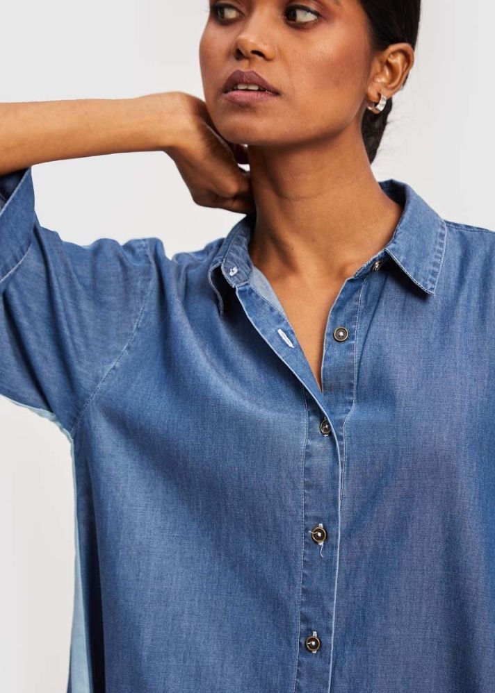 A Model Wearing Blue Lyocell Letting Loose Shirt Blue, curated by Only Ethikal
