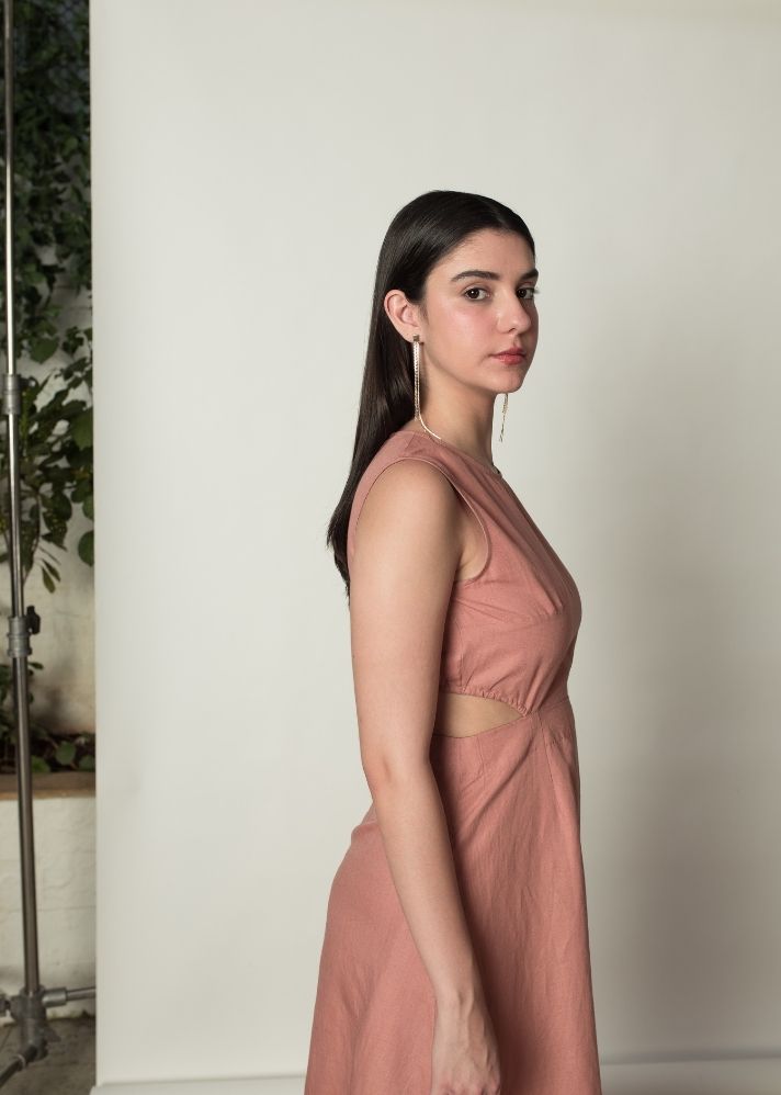 A Model Wearing Peach Hemp Sleeveless Cut-Out Dress, curated by Only Ethikal