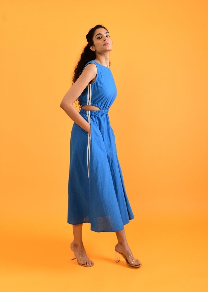 A Model Wearing Blue Handwoven Cotton Egyptian Blue Cut Dress , curated by Only Ethikal