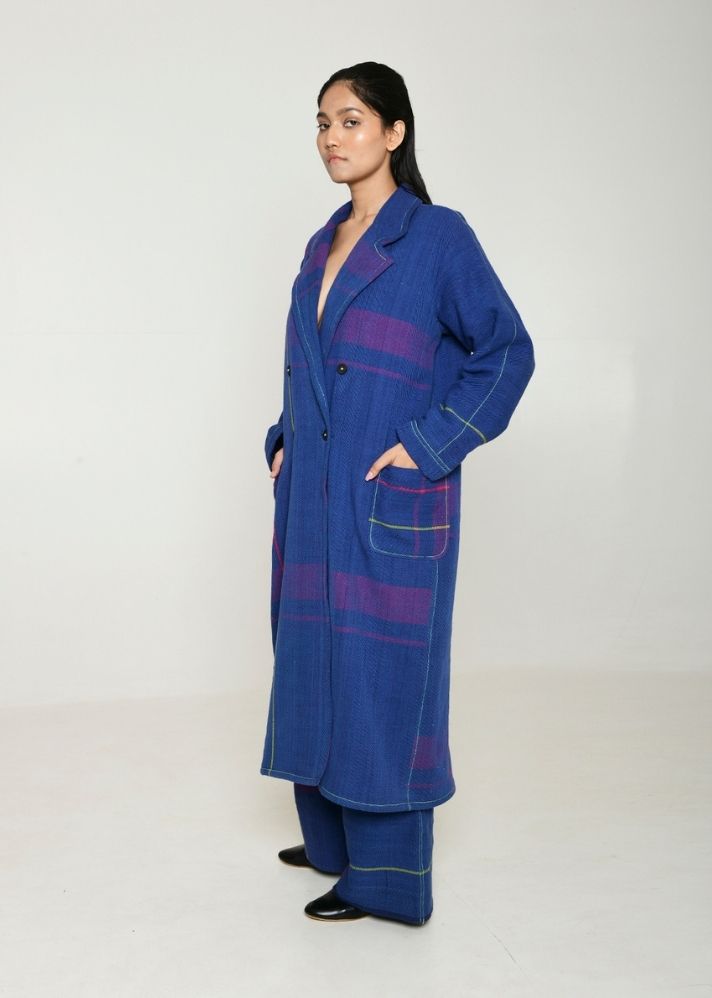 A Model Wearing Blue Handwoven Cotton Recycle Ren Women Trench Coat, curated by Only Ethikal