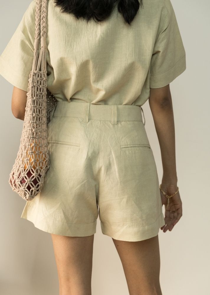 A Model Wearing Beige Hemp Tomboy Shorts, curated by Only Ethikal