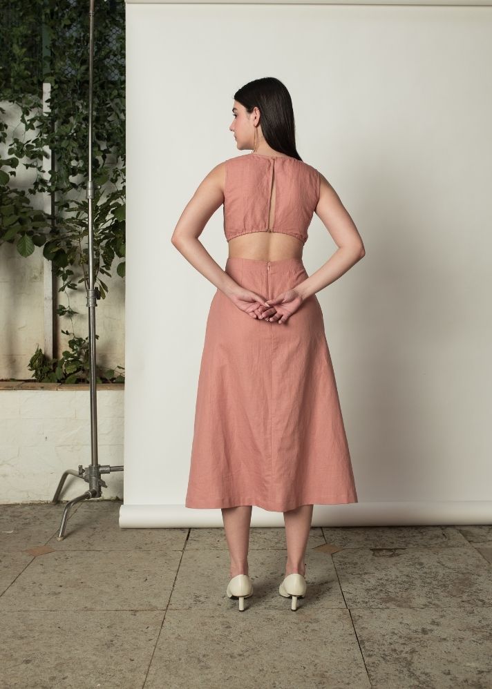 A Model Wearing Peach Hemp Sleeveless Cut-Out Dress, curated by Only Ethikal