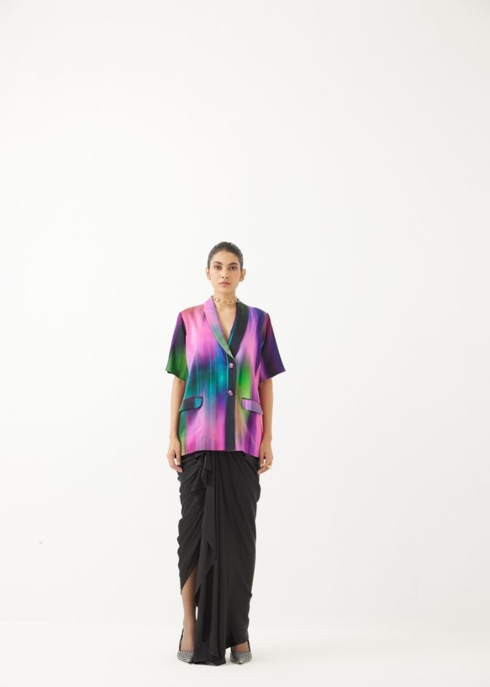 A Model Wearing Multicolor Organic Cupro Milky Way Blazer With Draped Skirt Co-Ord, curated by Only Ethikal