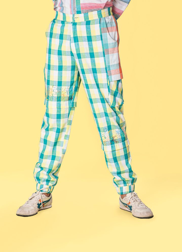A model wearing Checkered Multicolor Handwoven Cotton Jogger Pants, curated by Only Ethikal