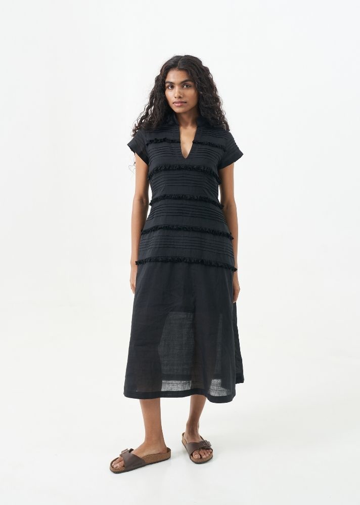 A Model Wearing Black Handwoven Cotton Signature black midi dress, curated by Only Ethikal