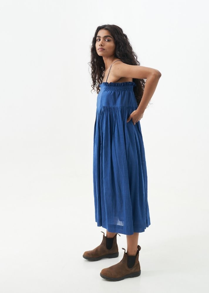 A Model Wearing Blue Handwoven Cotton Midnight Blue Spaghetti midi Dress, curated by Only Ethikal