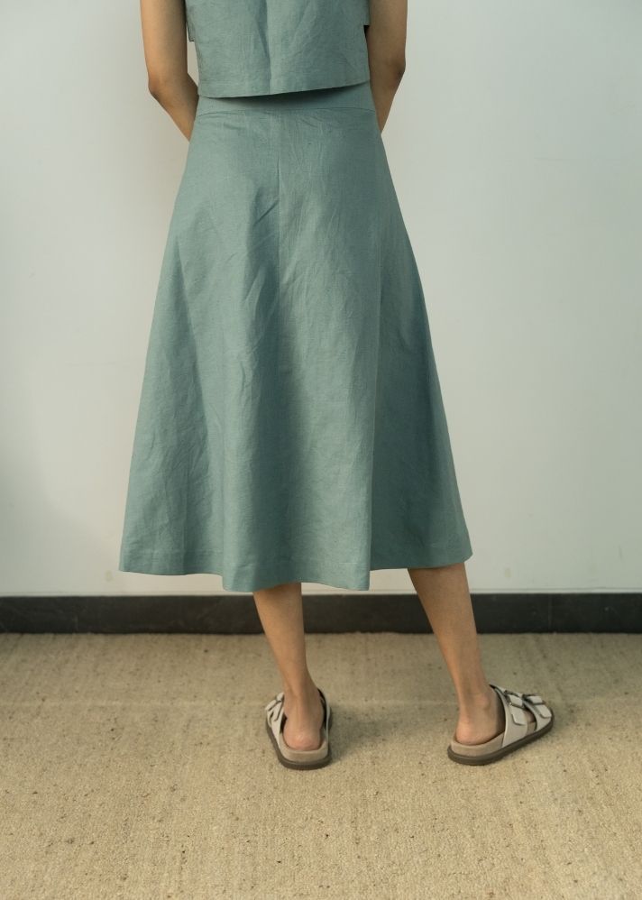 A Model Wearing Blue Hemp Button-Down Midi Skirt, curated by Only Ethikal