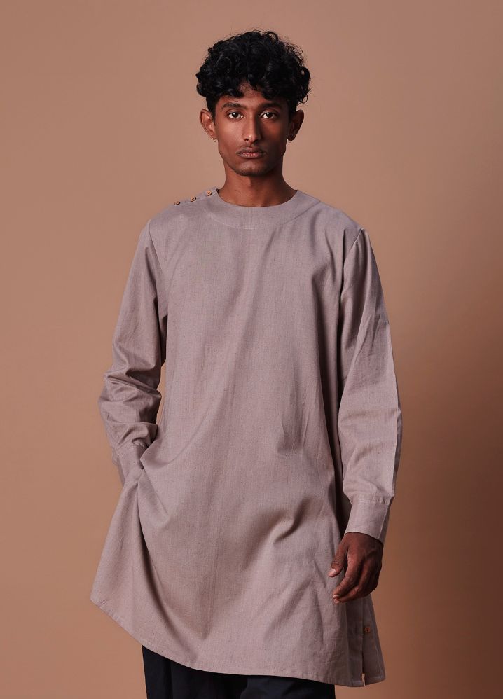 A Model Wearing  Grey Pure Cotton Men's Grey Side Buttoned Kurta, curated by Only Ethikal