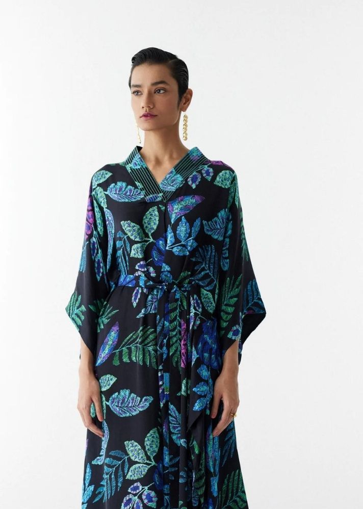 A Model Wearing Multicolor Organic Cupro Black Jungle Kaftan , curated by Only Ethikal