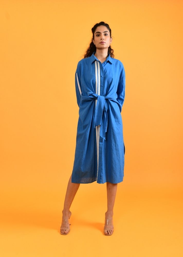 A Model Wearing Blue Handwoven Cotton Egyptian Blue Tie Up Dress , curated by Only Ethikal