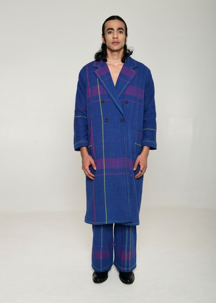 A Model Wearing Blue Handwoven Cotton Recycle Aoki Men Trench Coat, curated by Only Ethikal