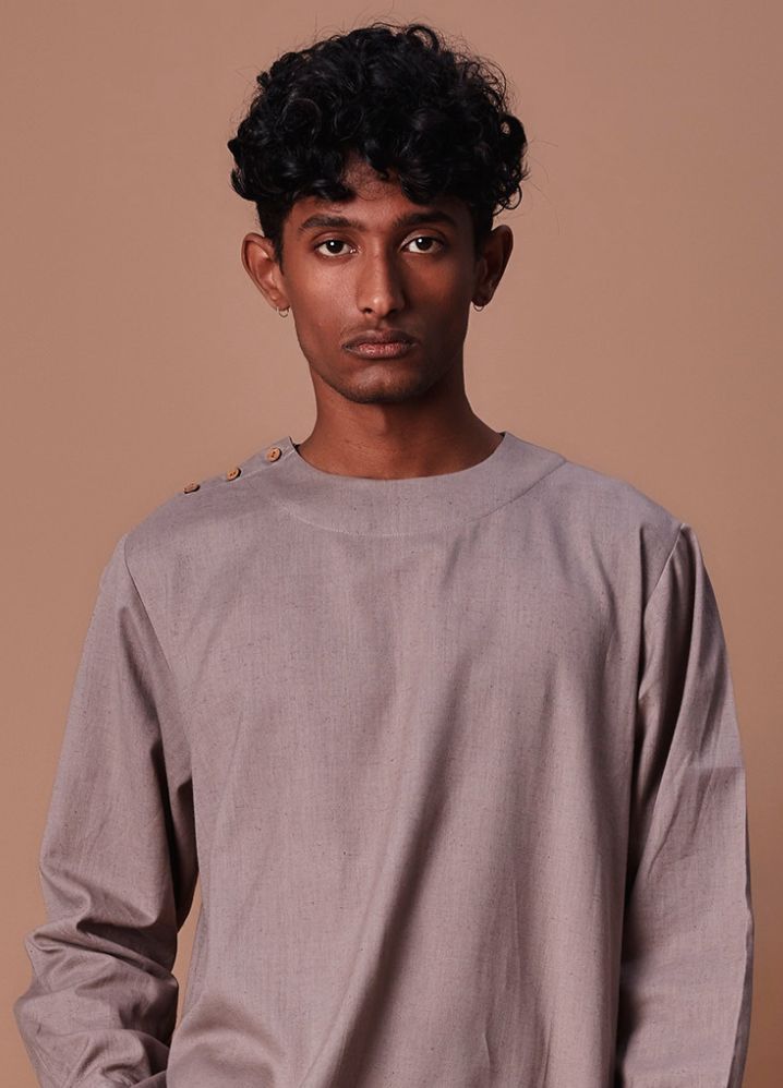 A Model Wearing  Grey Pure Cotton Men's Grey Side Buttoned Kurta, curated by Only Ethikal