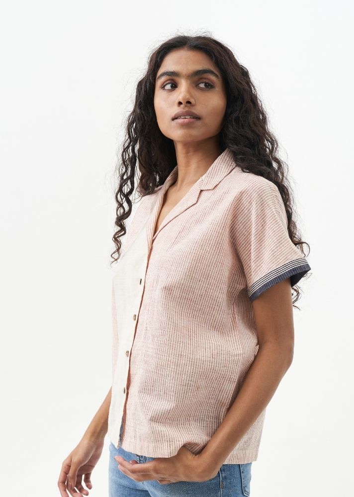 A Model Wearing White Handwoven Cotton Pin Striped relaxed fit Shirt, curated by Only Ethikal