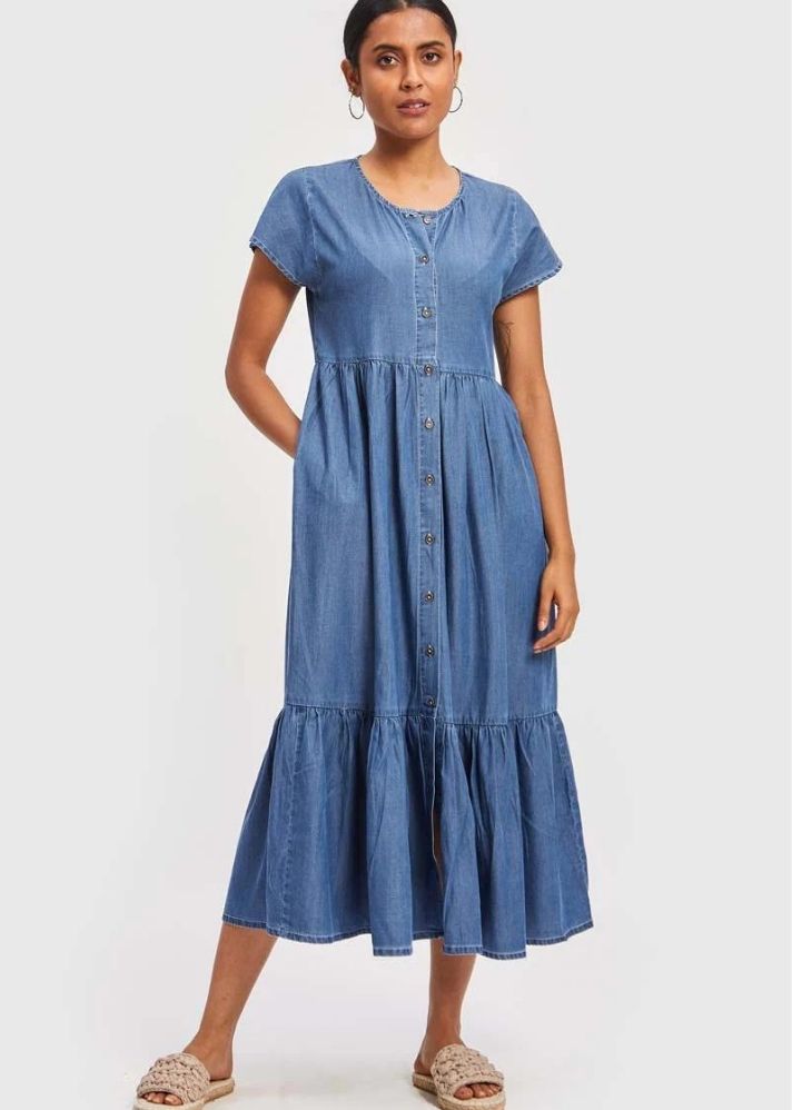 A Model Wearing Blue Lyocell Tiered Shirt Dress Blue, curated by Only Ethikal