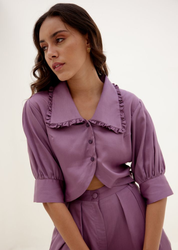 A Model Wearing Purple Lyocell Lavender Harmony Shirt, curated by Only Ethikal