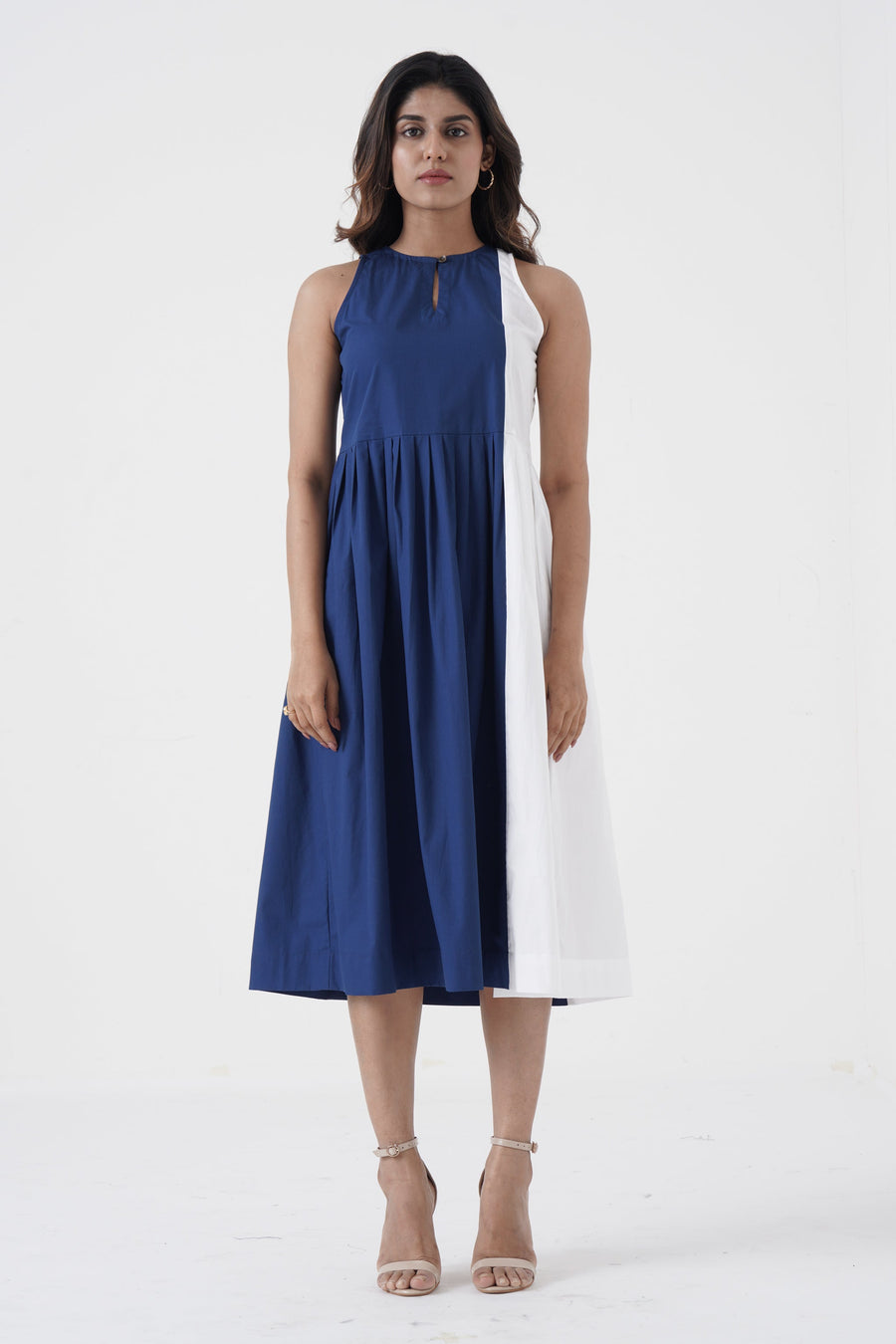A Model Wearing Multicolor Pure Cotton Pristine - 70-30 Pleated dress - Blue, curated by Only Ethikal
