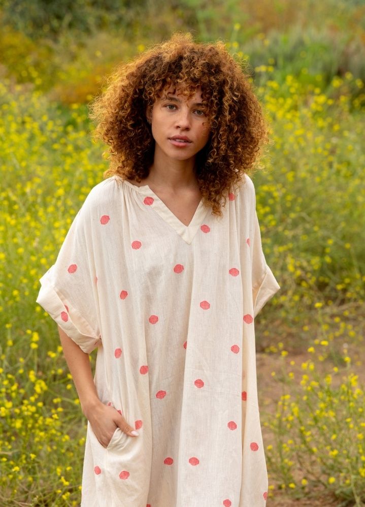 A Model Wearing White Handwoven Cotton Off white polka everyday dress, curated by Only Ethikal