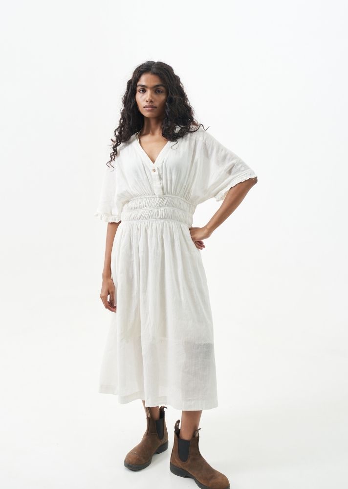 A Model Wearing White Handwoven Cotton Pure white midi dress, curated by Only Ethikal