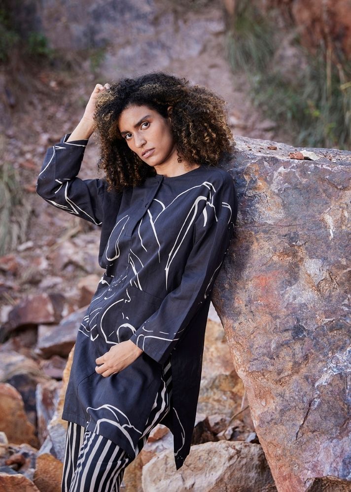 A Model Wearing Black Pure Cotton Under the Moon Co-ord Set, curated by Only Ethikal