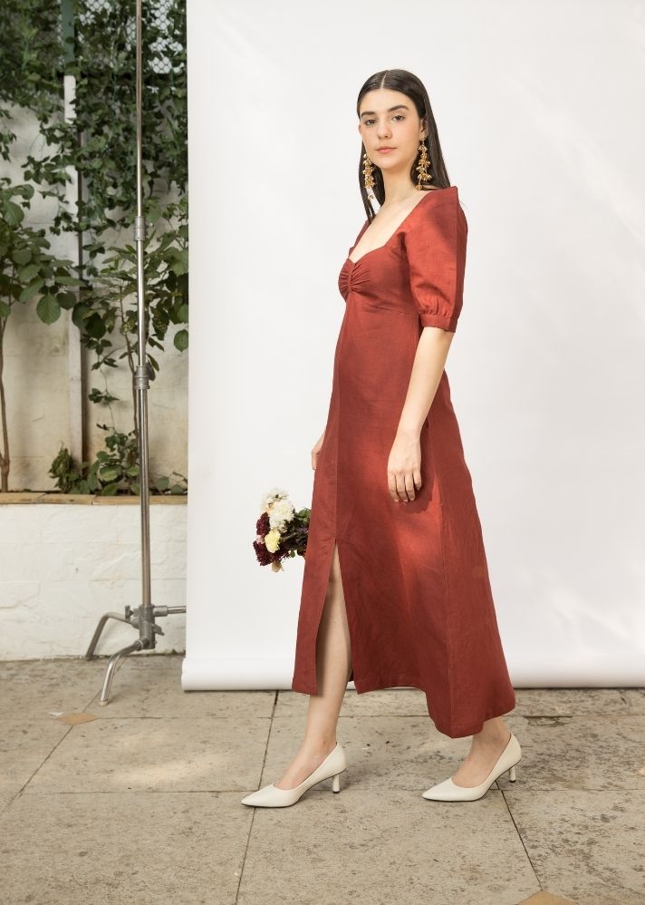 A Model Wearing Red Hemp Front-Slit Midi, curated by Only Ethikal